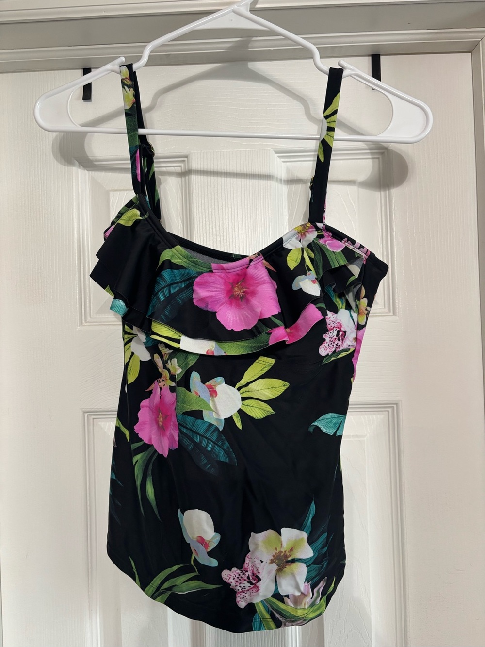Island Escape Black Floral Ruffle SwimTank with Pink & Green Accents
